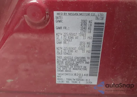 2018 Nissan Rogue Sv z USA, uszkodzony, nr VIN 5N1AT2MT0JC820148